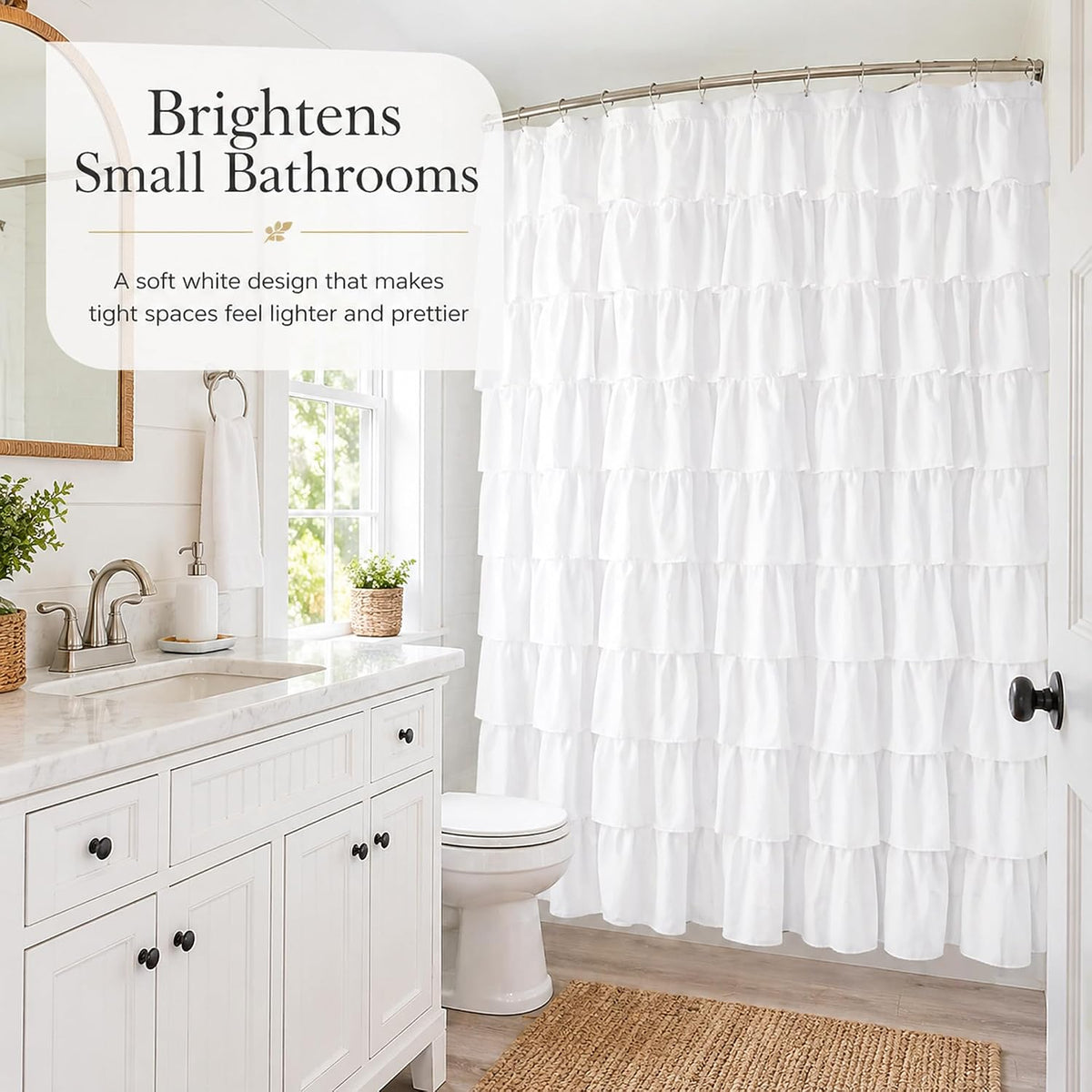 White Ruffle Shower Curtain for Bathroom,72 x 72 Inches, Farmhouse Style