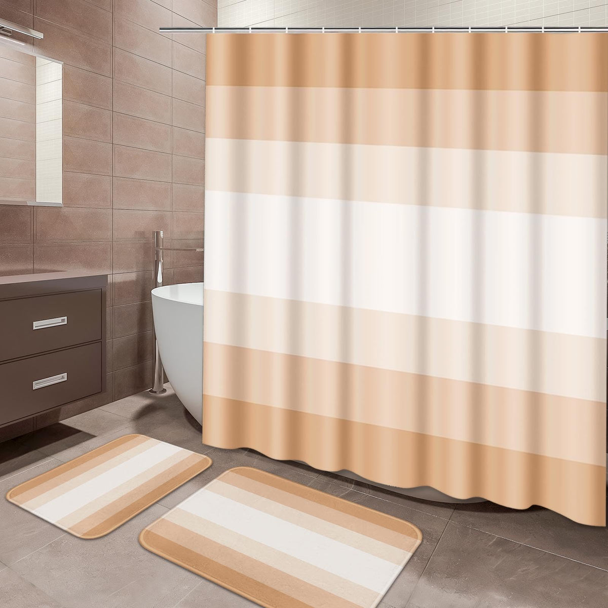 ArtSocket Bathroom Set of 3, Shower Curtain and Bath Rugs Beige Striped