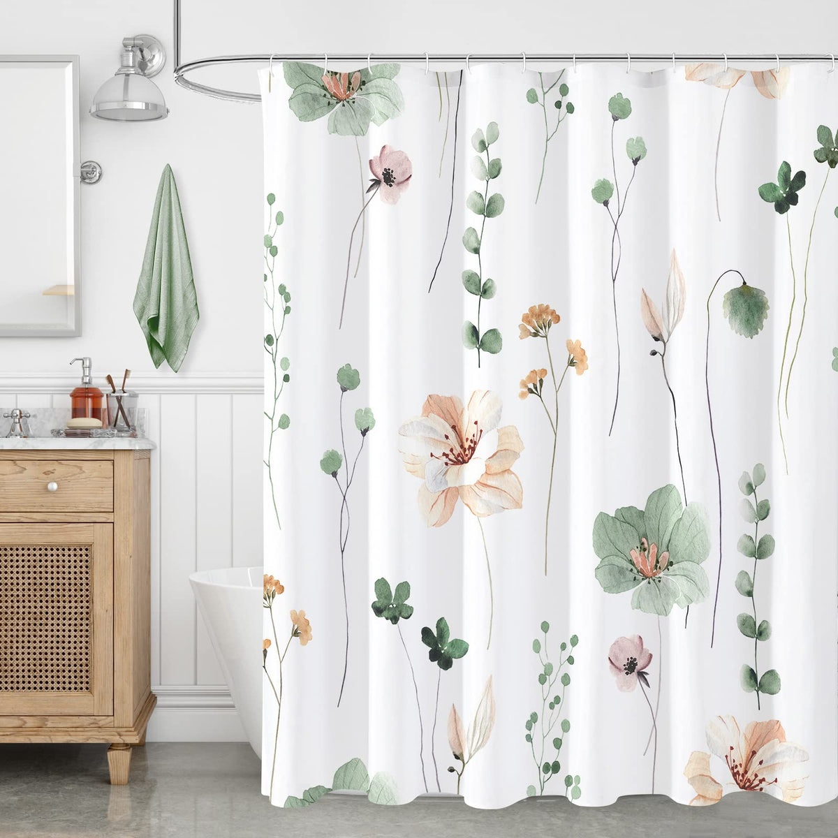 Gibelle Sage Green Beige Watercolor Floral Fabric Shower Curtain 72x72