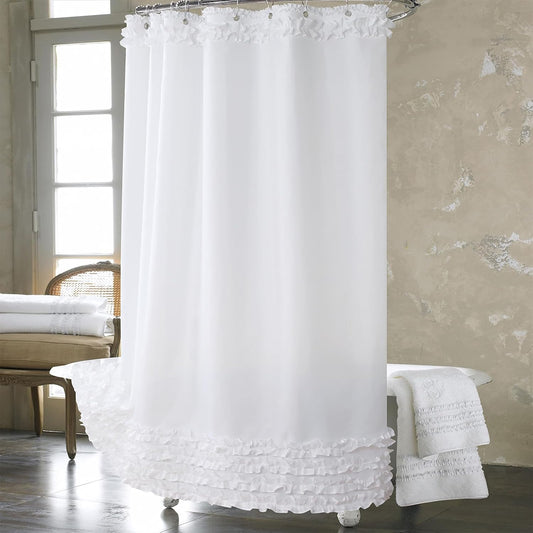 Ruffle Shower Curtain, White Fabric Shower Curtain with Handmade Ruffles, Farmhouse Chic Bath Curtains, 72" W x 72" H