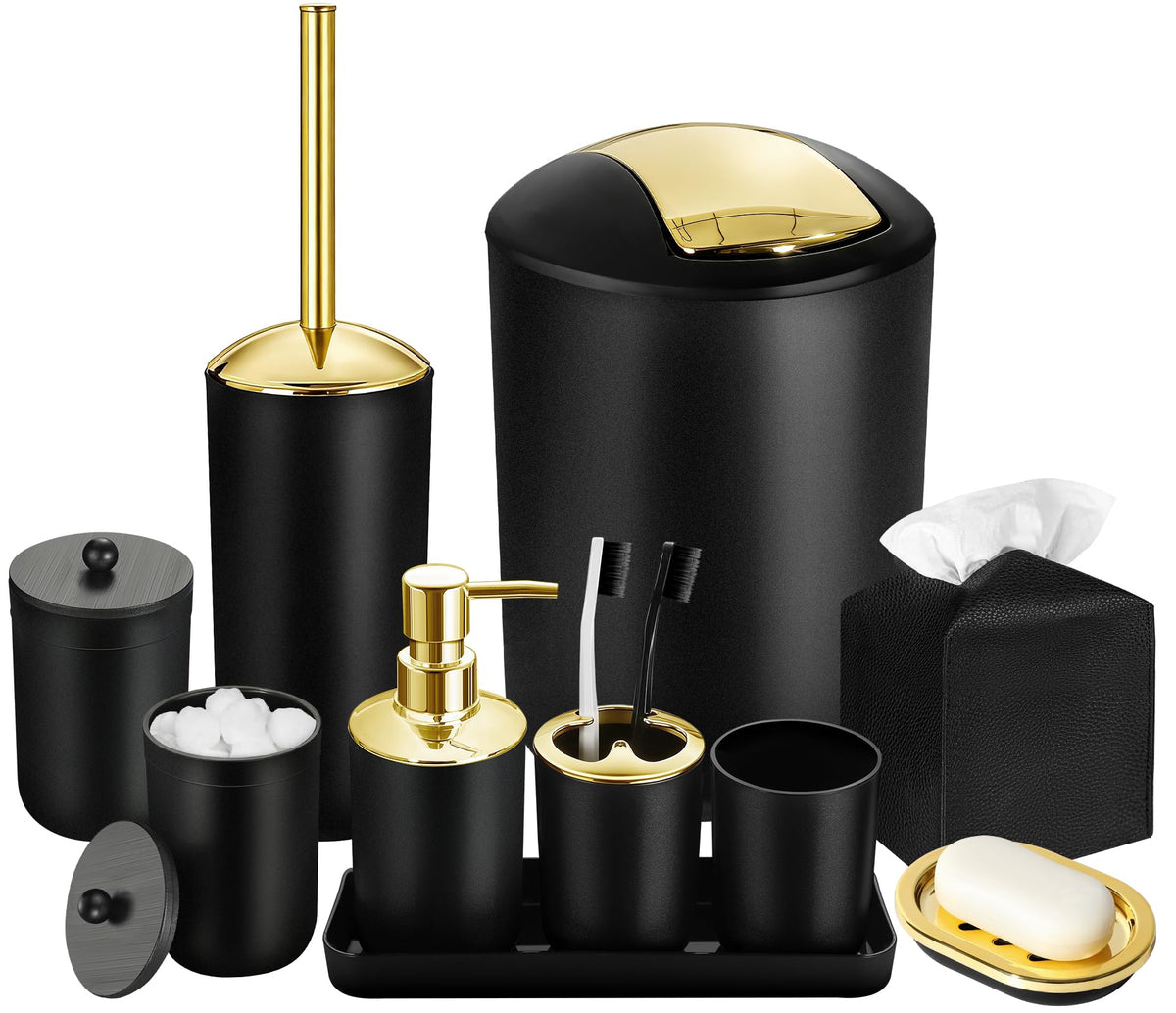 Black Bathroom Accessories Set, 10Pcs Bathroom Accessory Set with Trash Can, Soap Dispenser and Toothbrush Holder, Soap Dish, Cotton Ball & Qtip Holder, Toilet Brush Holder, Tissue Box Cover