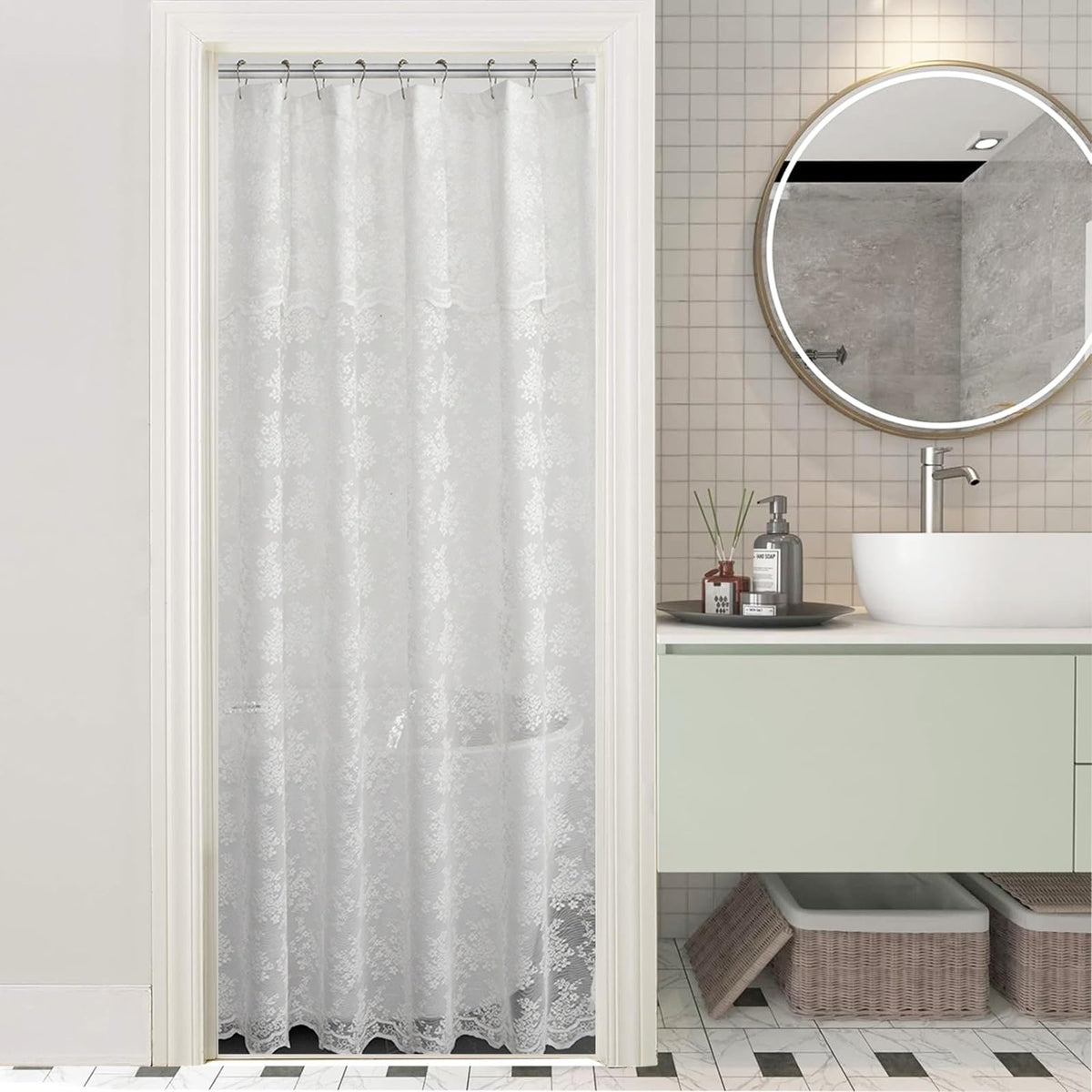 Ivory Lace Shower Curtain 72x72, Vintage Shabby Chic with Attached Valance