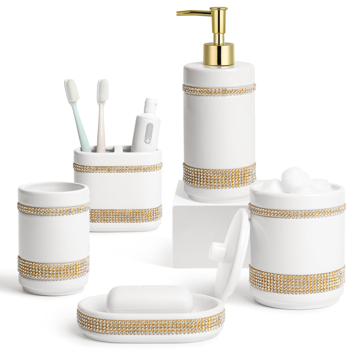 RQYIXI Ceramic Bathroom Accessories Set,White,4 Piece,Embossed Design