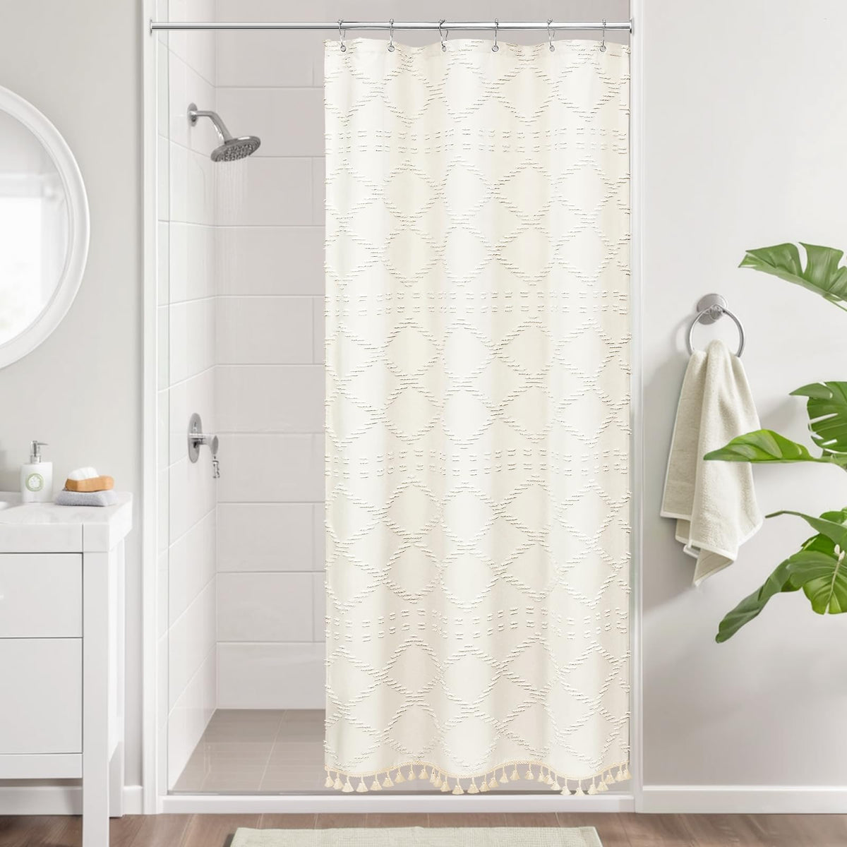 Blue Boho Woven Fabric Shower Curtain with Tassel 72 x 72, Tufted Textured