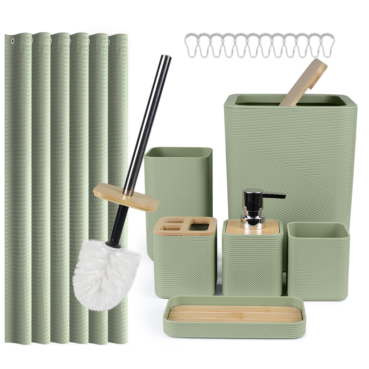 CERBIOR Bamboo Bathroom Accessories Set 6 Piece Square Spiral Set,Green