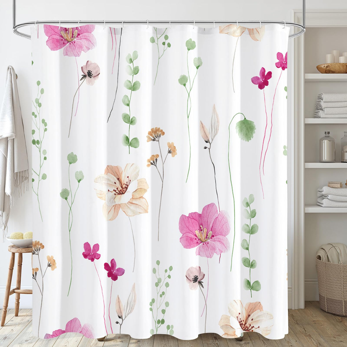 Gibelle Sage Green Beige Watercolor Floral Fabric Shower Curtain 72x72
