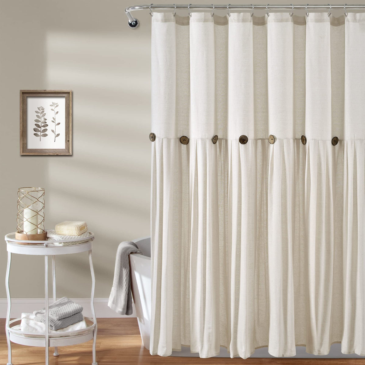 Lush Decor Linen Button Shower Curtain, 72" W x 72" L, Linen - Neural Shower Curtain Fabric - Bathroom Curtain - Farmhouse Bathroom Decor