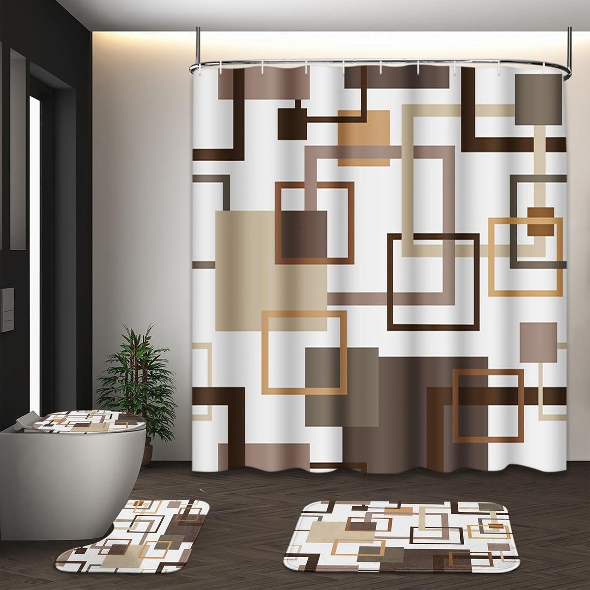 Bathroom Sets with Shower Curtain and Rugs Set of 4 Geometric Brown