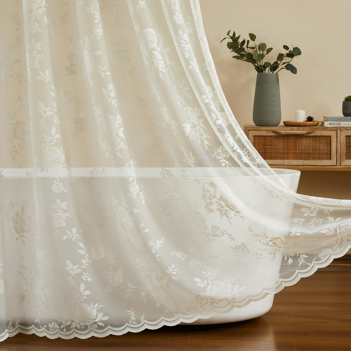 Beige Lace Shower Curtain with Attached Valance Decorative Vintage Floral Shower Curtain for Bathroom Spa Boho Cottagecore Decor Scalloped Edge Shabby Chic Bath Curtains Spa-like Hotel, 72 x 72 Inch