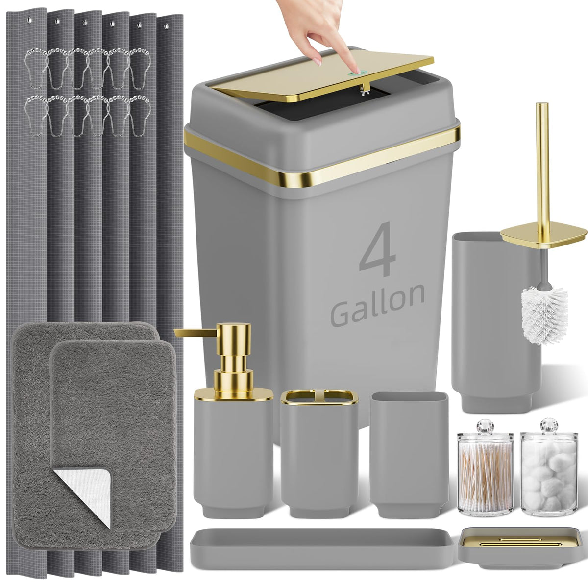 Pink Bathroom Set, 9-Piece Accessories with 4-Gallon Swing-Top Trash Can
