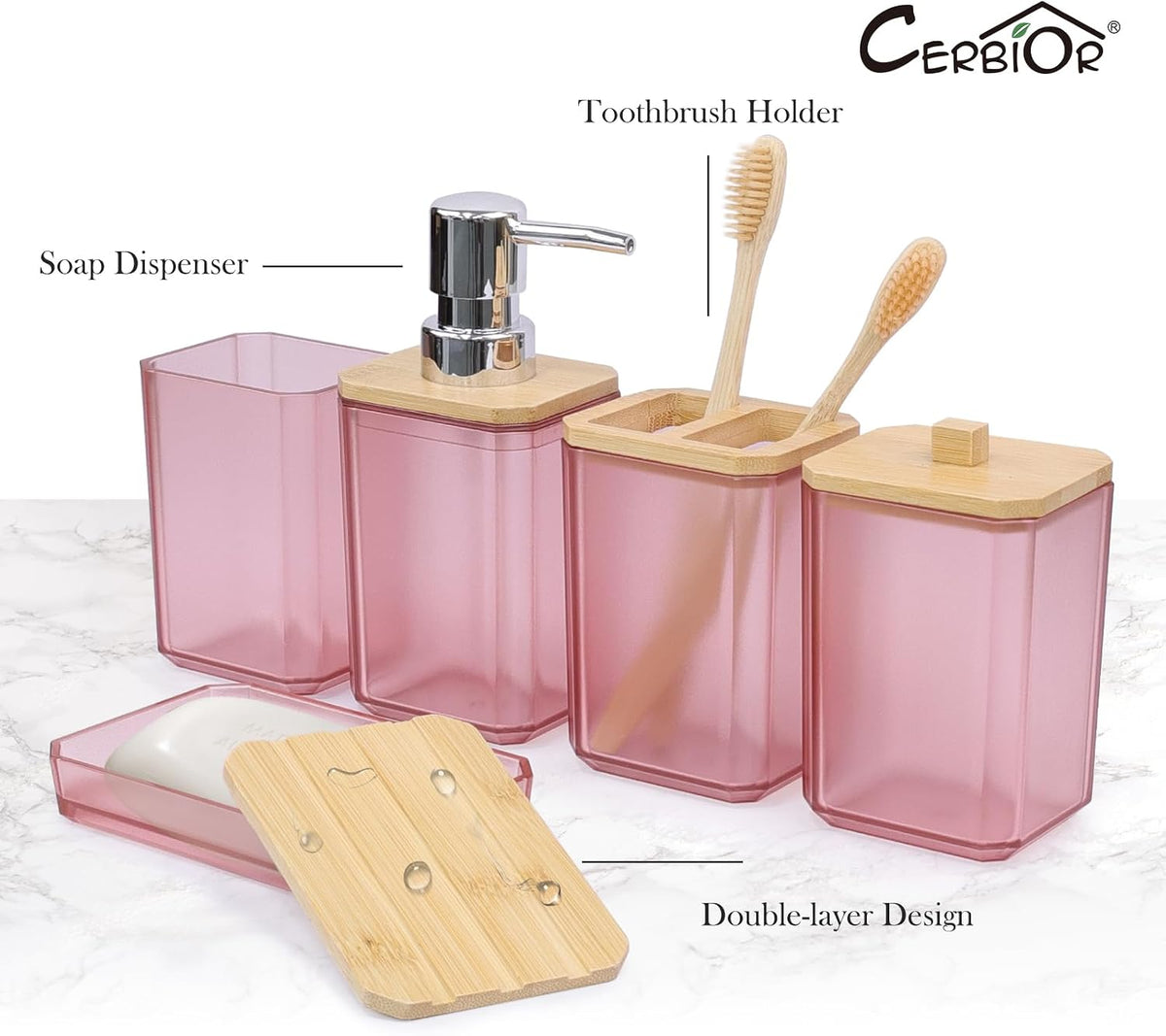 CERBIOR Bamboo Bathroom Accessories Set 7 Piece Bath Ensemble,Pink
