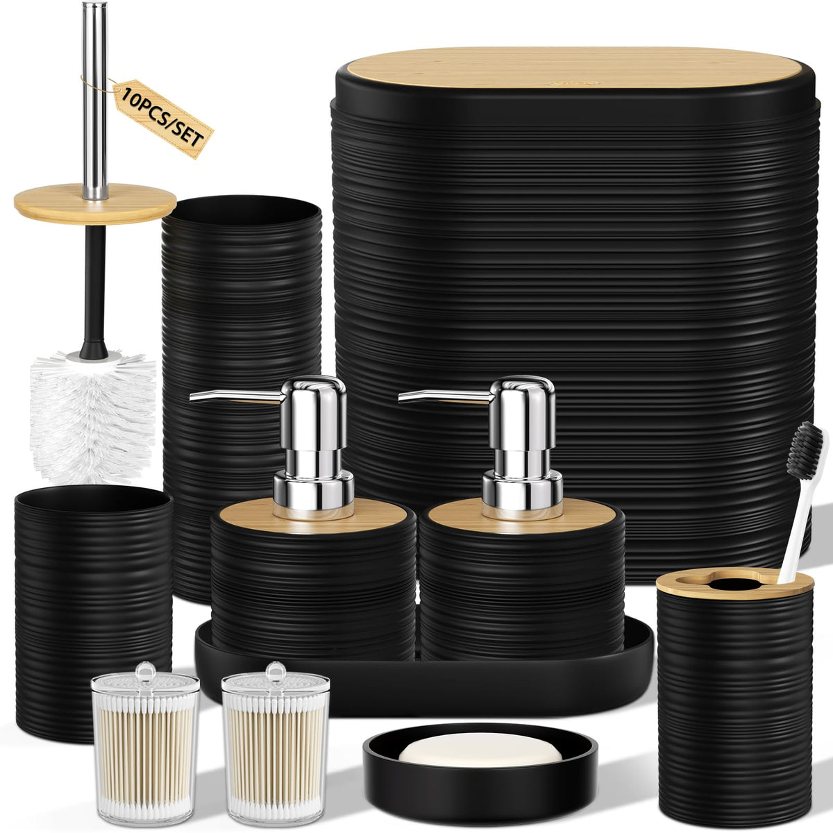 XLHOMO White Bathroom Set, White Bathroom Accessories Set with Trash Can, 2PCS Soap Dispensers, Soap Dish, Toothbrush Holder, Toothbrush Cup,Toilet Brush, Tray and Qtip Holders for Bathroom Decor