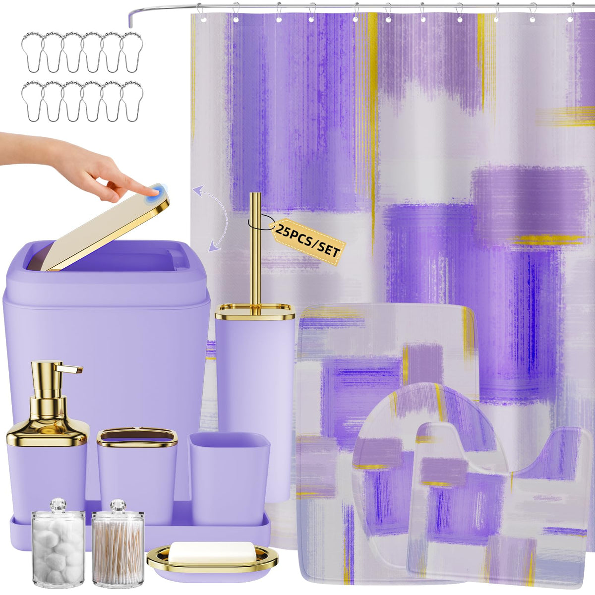 XLHOMO Bathroom Accessories Set - 25PC Bathroom Set with Shower Curtain and Rugs, Pink Bathroom Set, Bathroom Accessory Set with Press-on Lid Trash Can, Soap Dispenser and Qtip Holders
