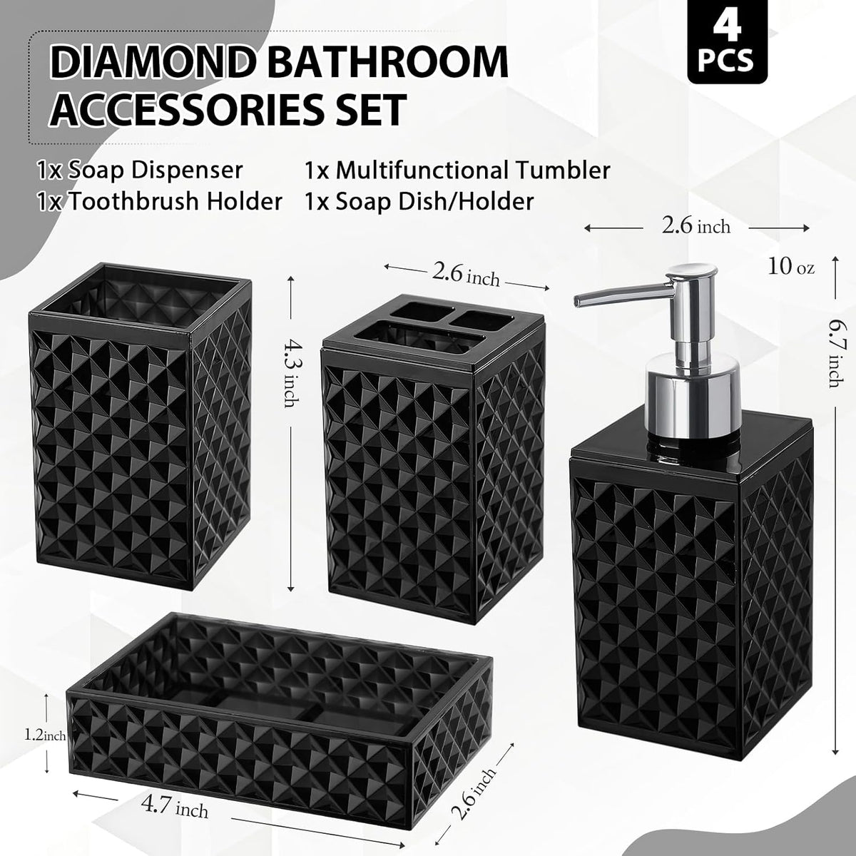 RYTOXILO Black Bathroom Accessories Set, 4 Pack Matte Black Bath Accessory Sets Complete, Acrylic Soap Dispenser and Toothbrush Holder Set for Bathroom Counter Sink, Modern Bathroom Decor