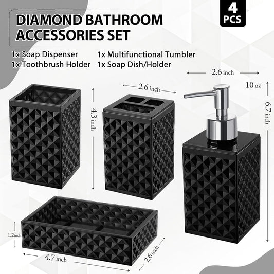 RYTOXILO Black Bathroom Accessories Set, 4 Pack Matte Black Bath Accessory Sets Complete, Acrylic Soap Dispenser and Toothbrush Holder Set for Bathroom Counter Sink, Modern Bathroom Decor