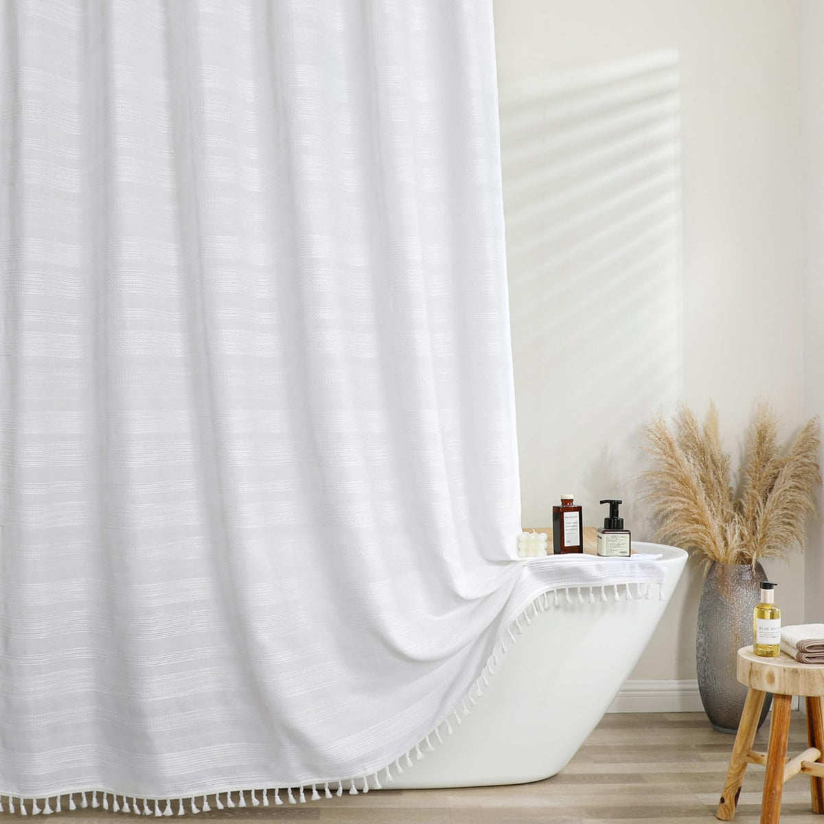 OVZME Extra Long Linen Shower Curtain - 84 Inch Long, Modern Farmhouse Heavy Duty Textured Soft Fabric, Rustic Country Boho Cloth Shower Curtain with Tassel for Bathroom Hotel, 72Wx84L Inches