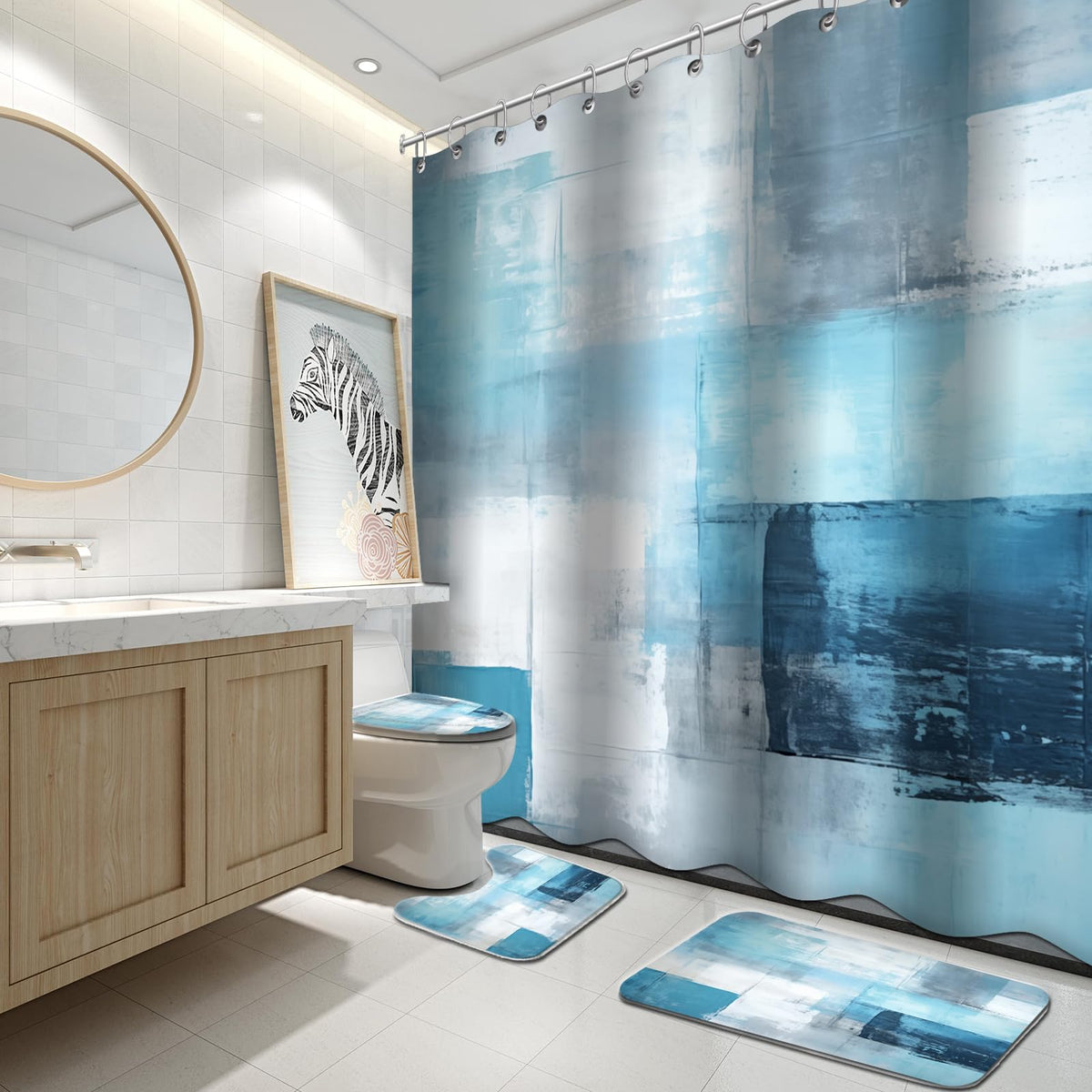 Lnond 4Pcs Bathroom Shower Curtain Sets with Rugs,Orange Modern Painting Art Bathroom Sets with Shower Curtain and Rugs and Accessories