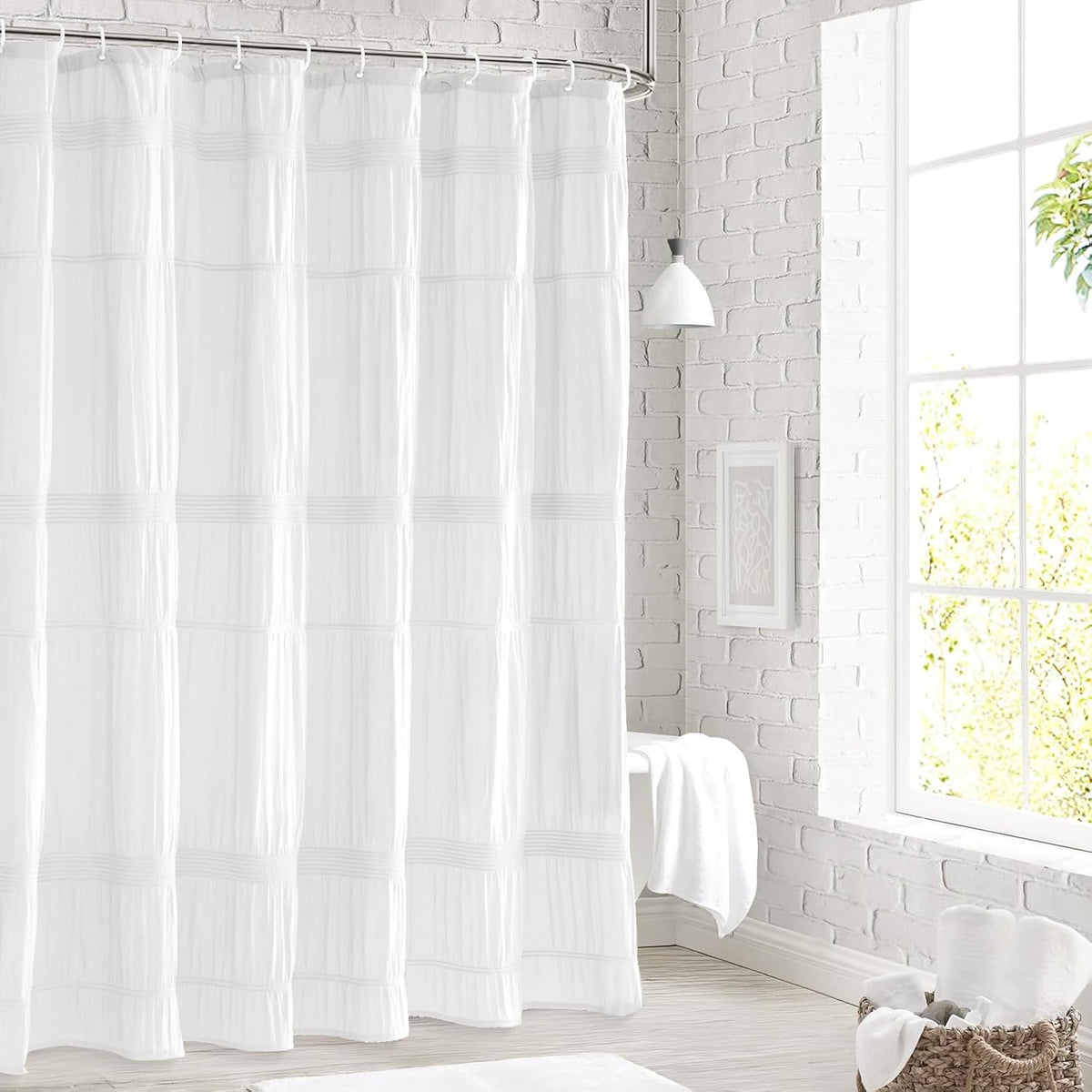 Seasonwood White Shower Curtain Farmhouse Shower Curtain, 72 x 72