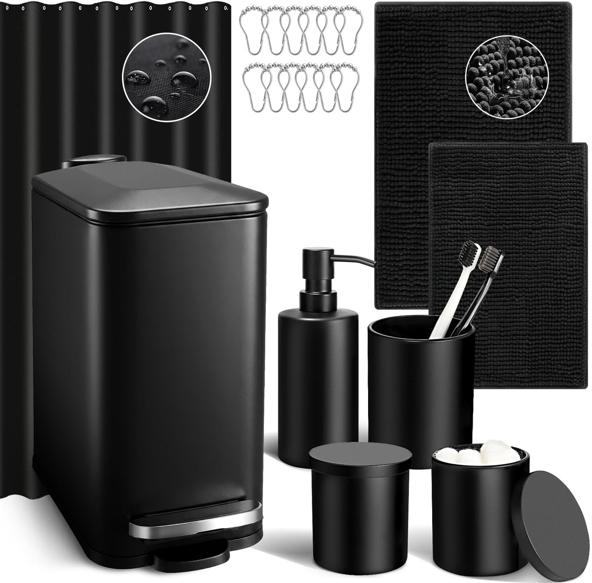 Matte Black Bathroom Accessories Set, 5 Pcs Bathroom Accessories Set, Glass Soap Dispenser and Toothbrush Holder Set, Qtip Holder and Cotton Ball Holder, Modern Bathroom Decor Sets