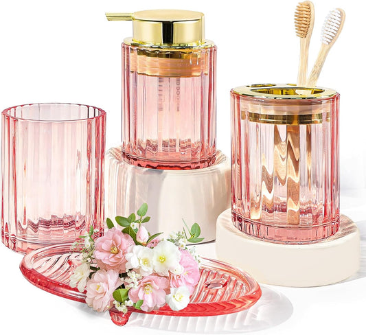 CERBIOR Bathroom Accessories Set, 4 PCS Glass Bathroom Set,Golden Pink