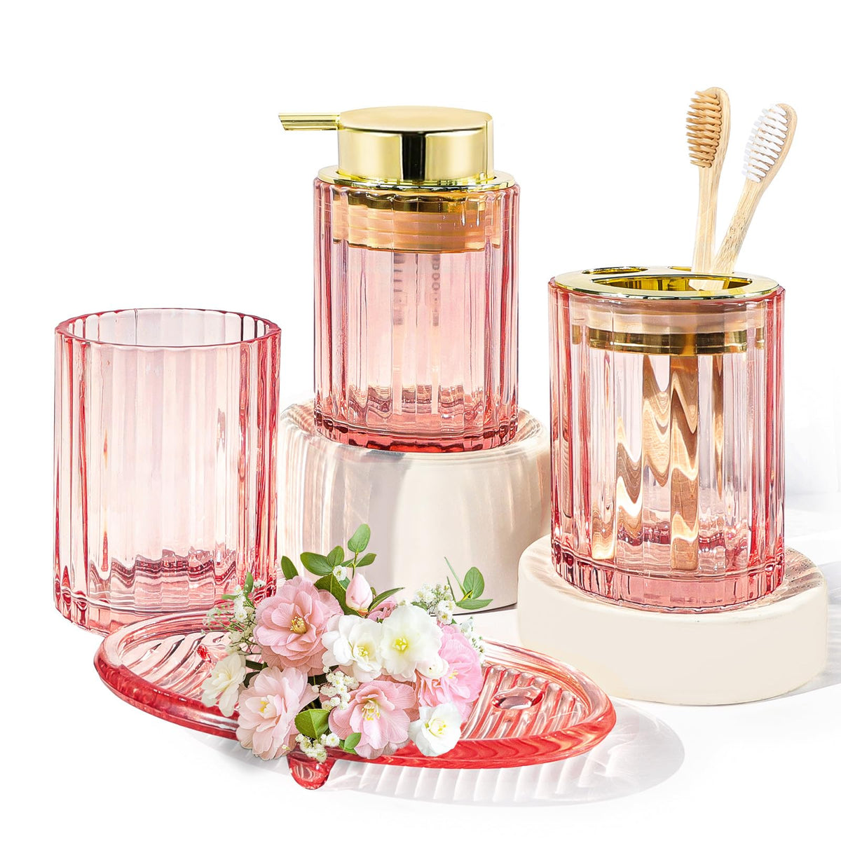 CERBIOR Bathroom Accessories Set, 4 PCS Glass Bathroom Set,Golden Pink