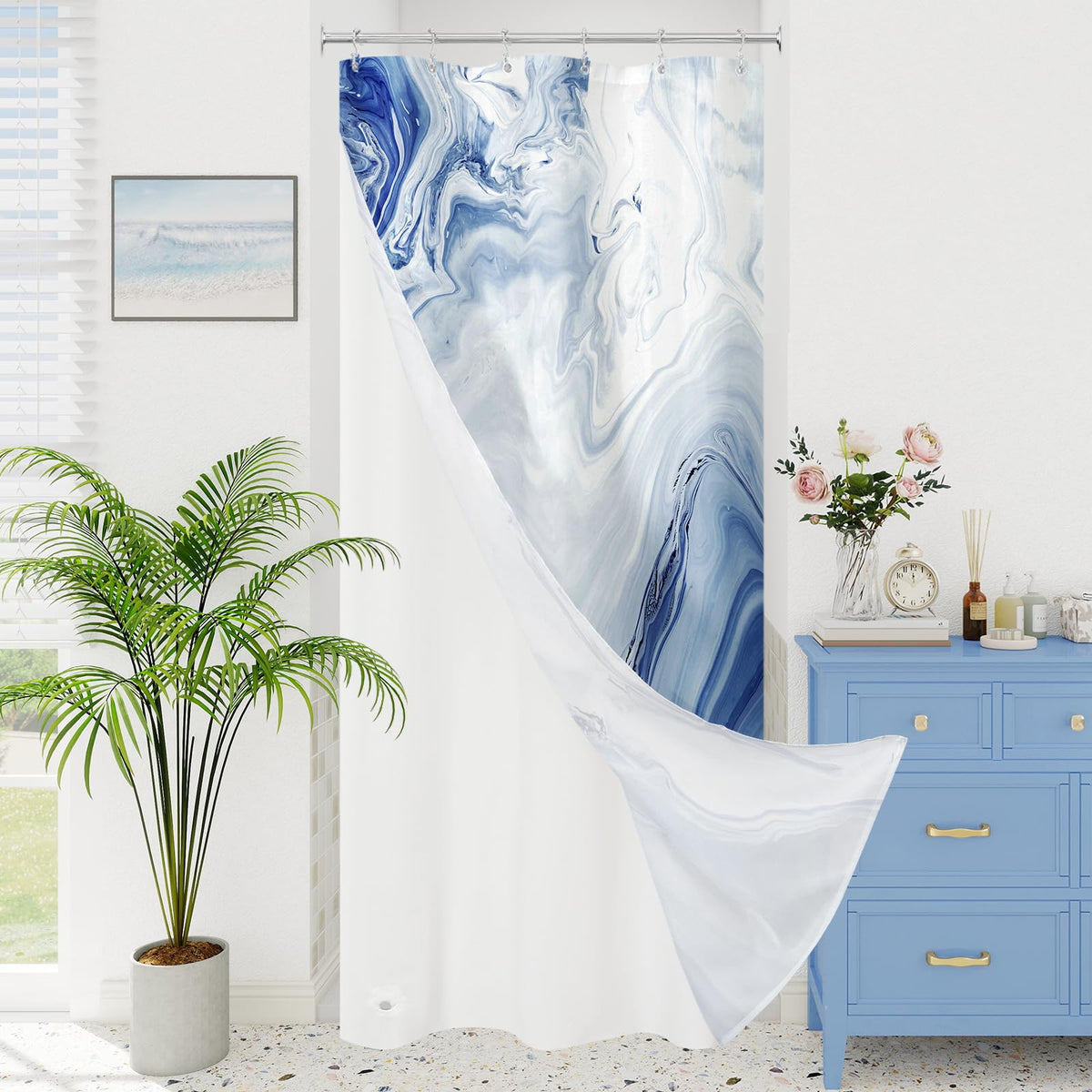 Blue Marble Fabric Shower Curtain, Abstract Watercolor, 72 x 72 Inches