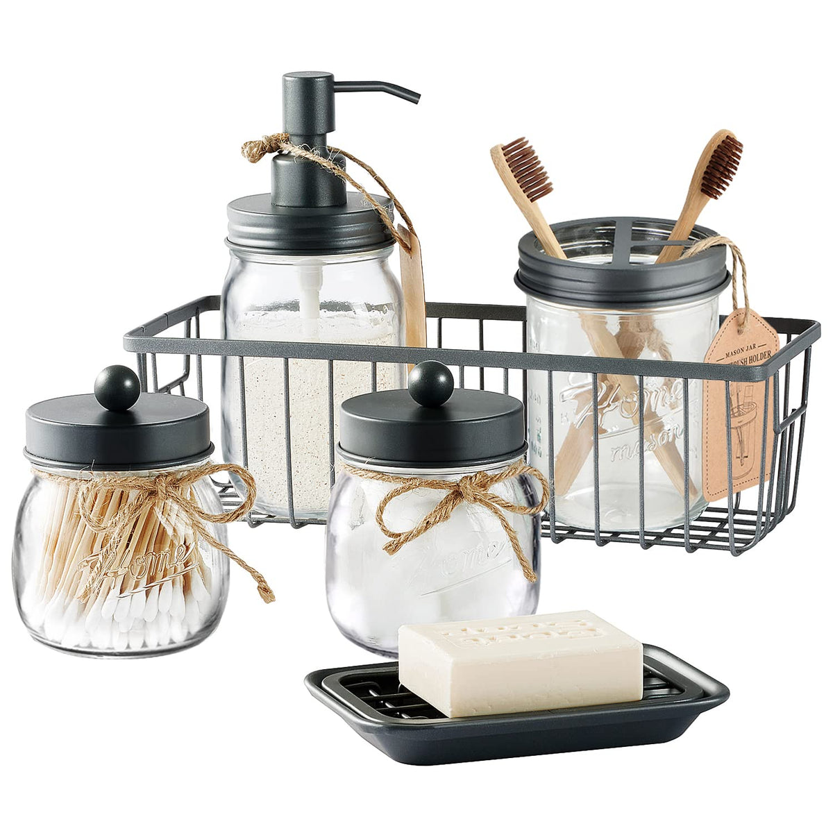 SheeChung Mason Jar Bathroom Accessories Set,6Pcs Rustic Bathroom Set,Brown