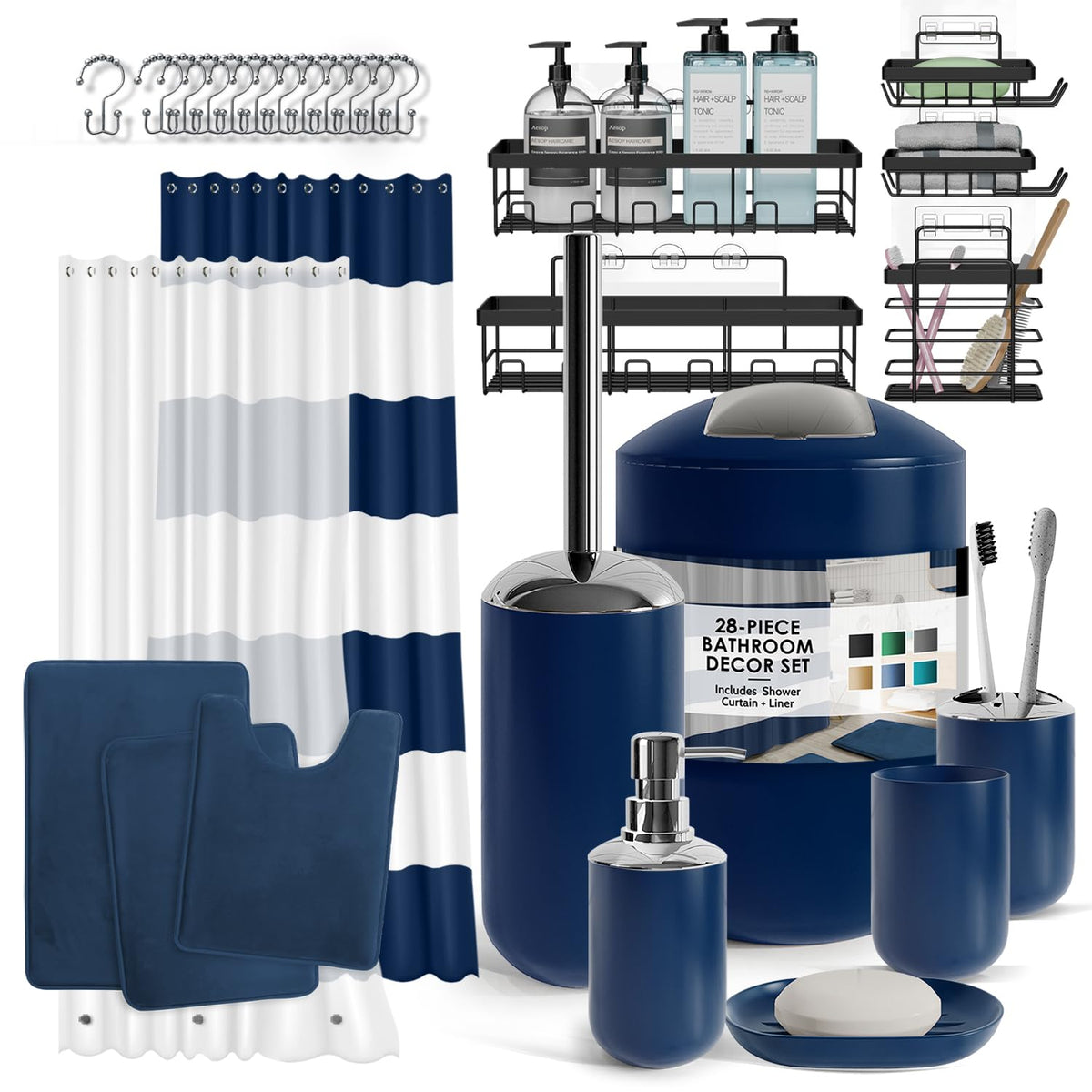 Clara Clark Bathroom Set - Navy Bathroom Accessories Set, 20PC Bathroom Accessory Set, Shower Curtain Set with Liner, Toothbrush Holder, Soap Dispenser, Soap Dish, Toilet Brush Holder, and Trash Can