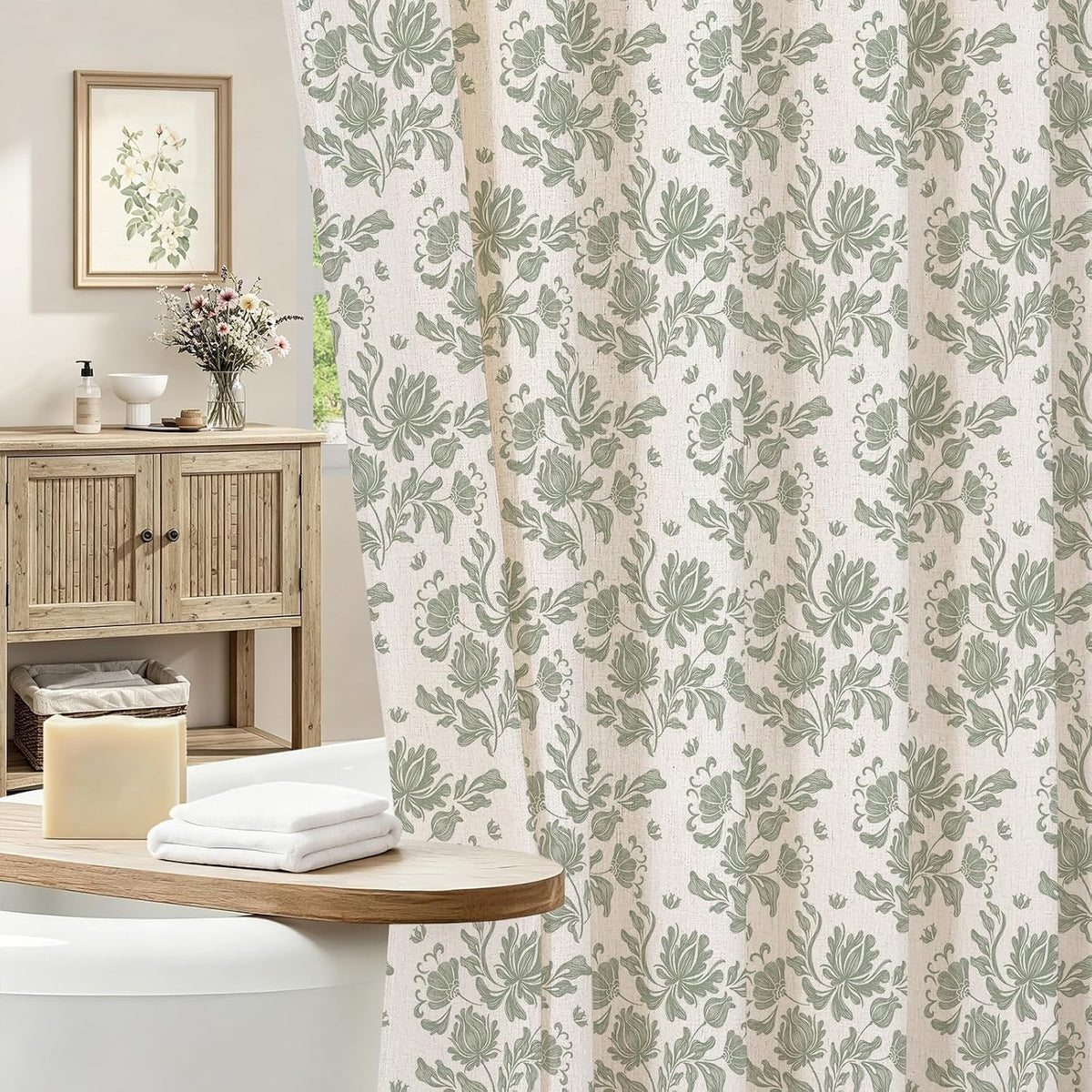 MitoVilla Sage Linen Farmhouse Shower Curtain, Vintage Boho Floral 72x72