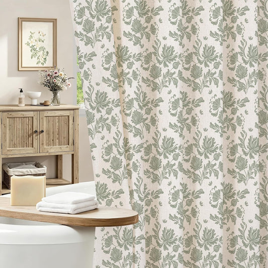 MitoVilla Sage Linen Farmhouse Shower Curtain, Vintage Boho Floral 72x72