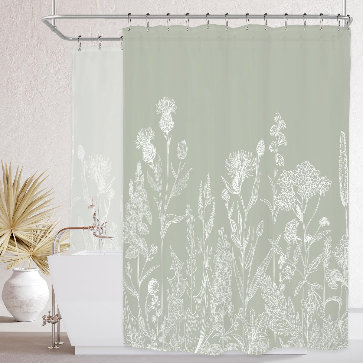 Sage Green Floral Wildflower Plant Herbs Nature Bathroom Shower Curtain Set