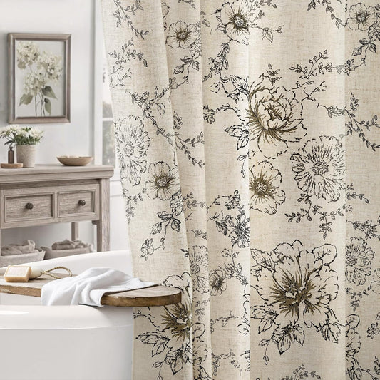 Farmhouse Floral Vintage Shower Curtain for Bathroom, Black and Tan Taupe