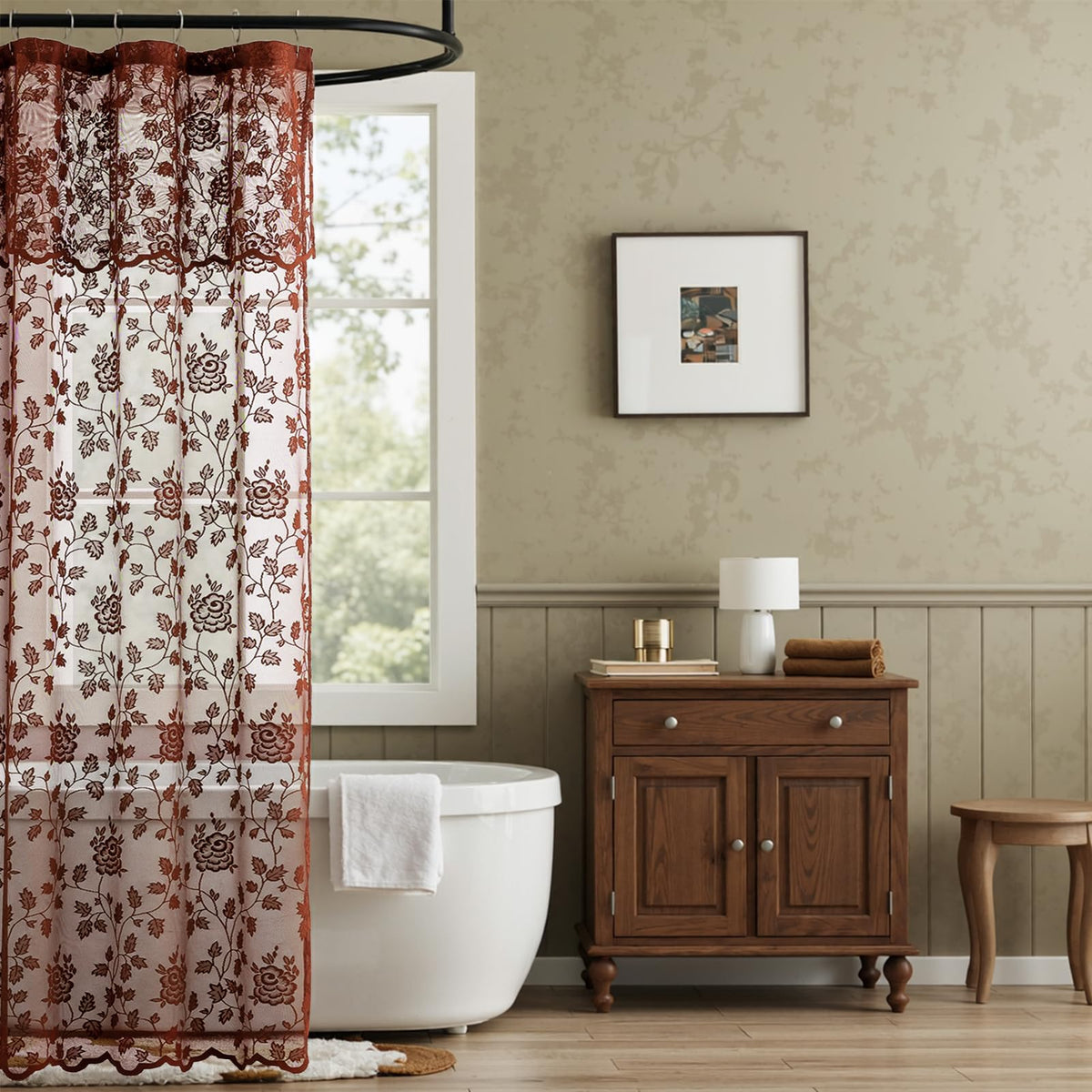Black Lace Shower Curtain with Attached Valance, 72 x 72 Inch, 1 Panel