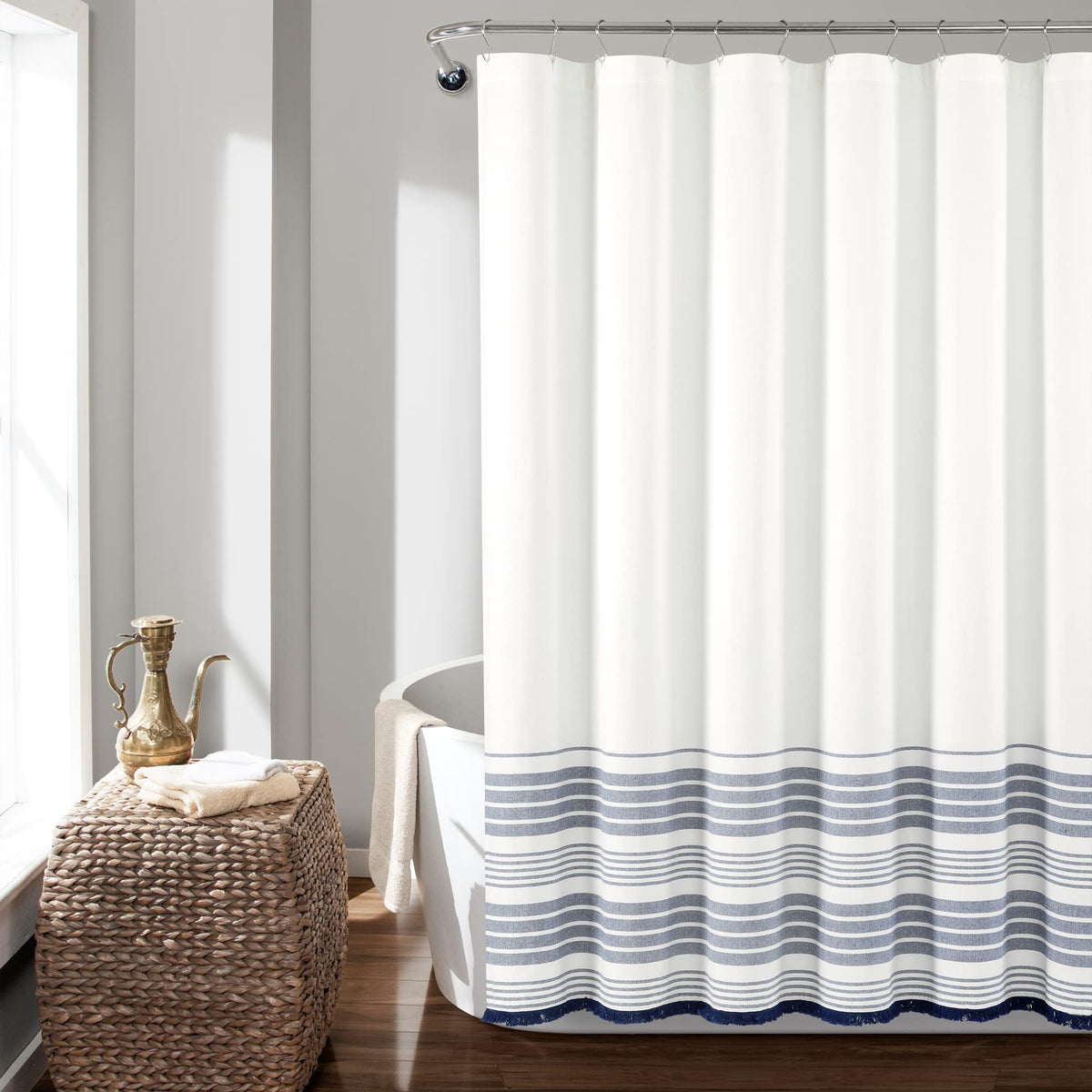 Lush Decor Nantucket Yarn Dyed Cotton Blend Tassel Fringe Shower Curtain Single 72" W x 72" L Navy - Blue Shower Curtains for Bathroom Curtain