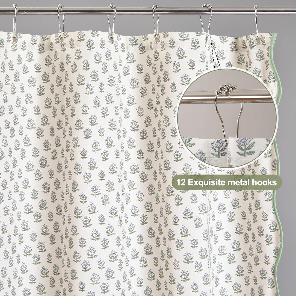 Mindsoft Toile Shower Curtain 72" x 72" Block Print Green and White Begonia