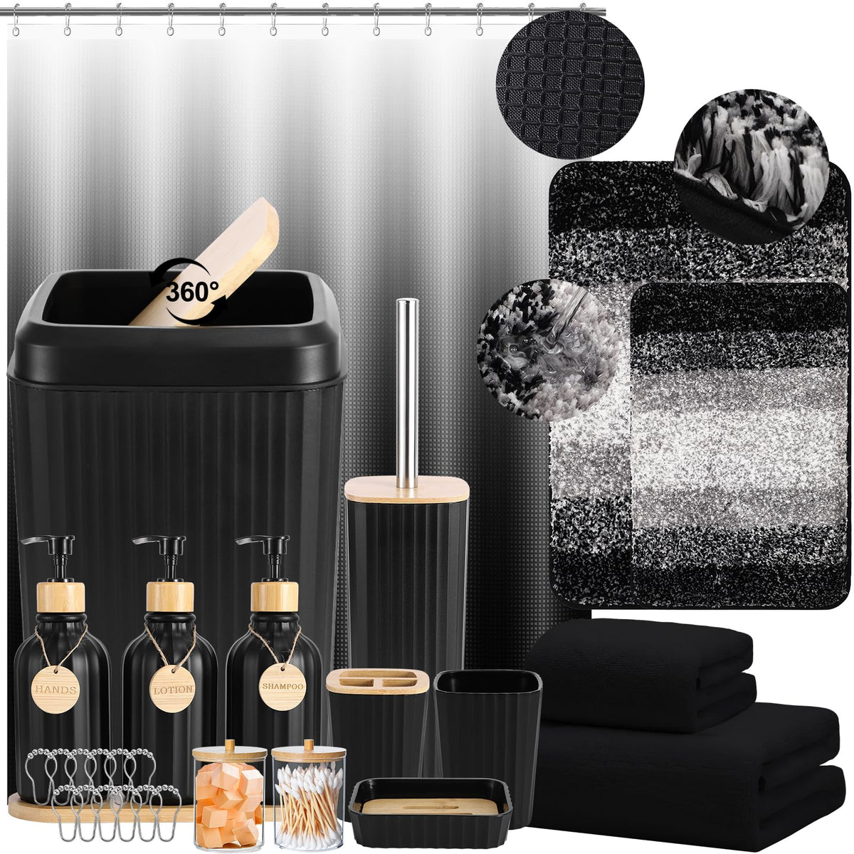 XLHOMO Black Bathroom Accessories Set 17PCS Bathroom Set with 3PCS Soap Dispenser Bathroom Accessory Set Black Trash Can for Bathroom Decor