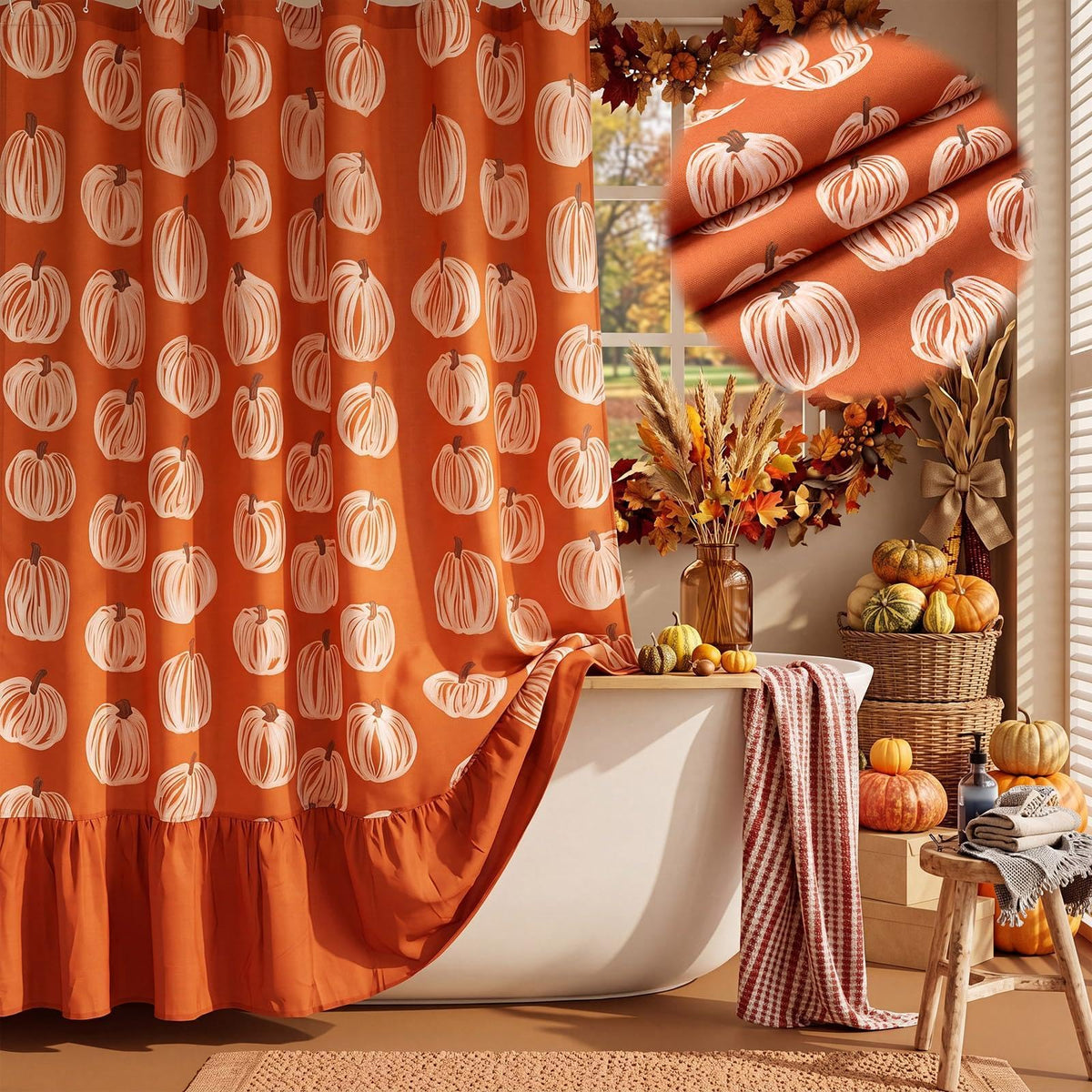 Irenare Fall Pumpkin Shower Curtain, Beige Ruffle Gingham Bathroom Decor