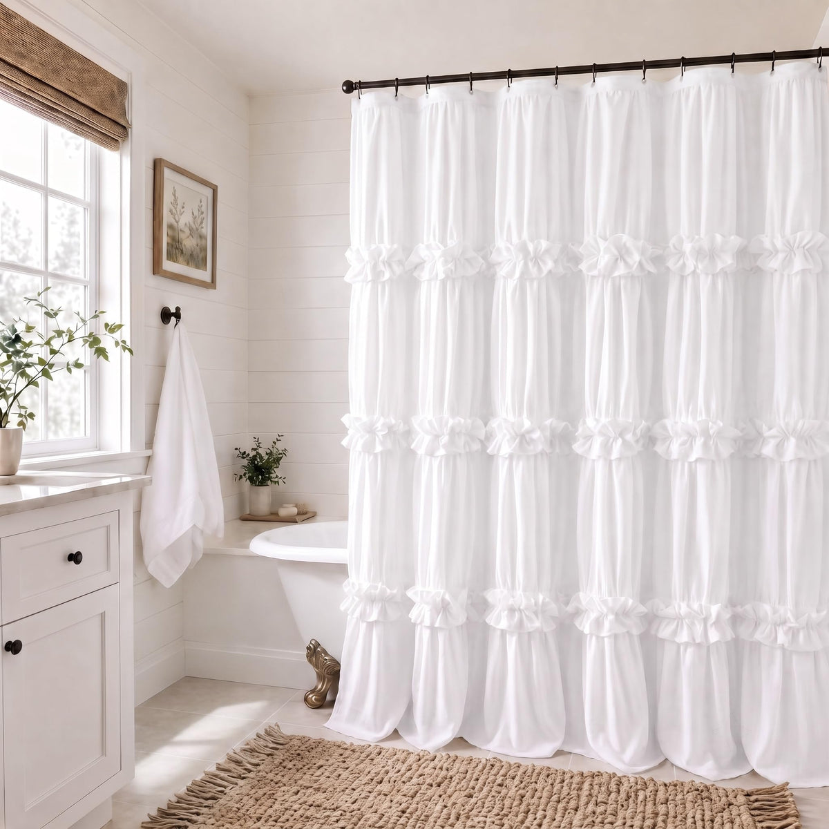 Boho Ruffle Farmhouse Fall Linen Shower Curtain Vintage Cream 72" W x 72" H