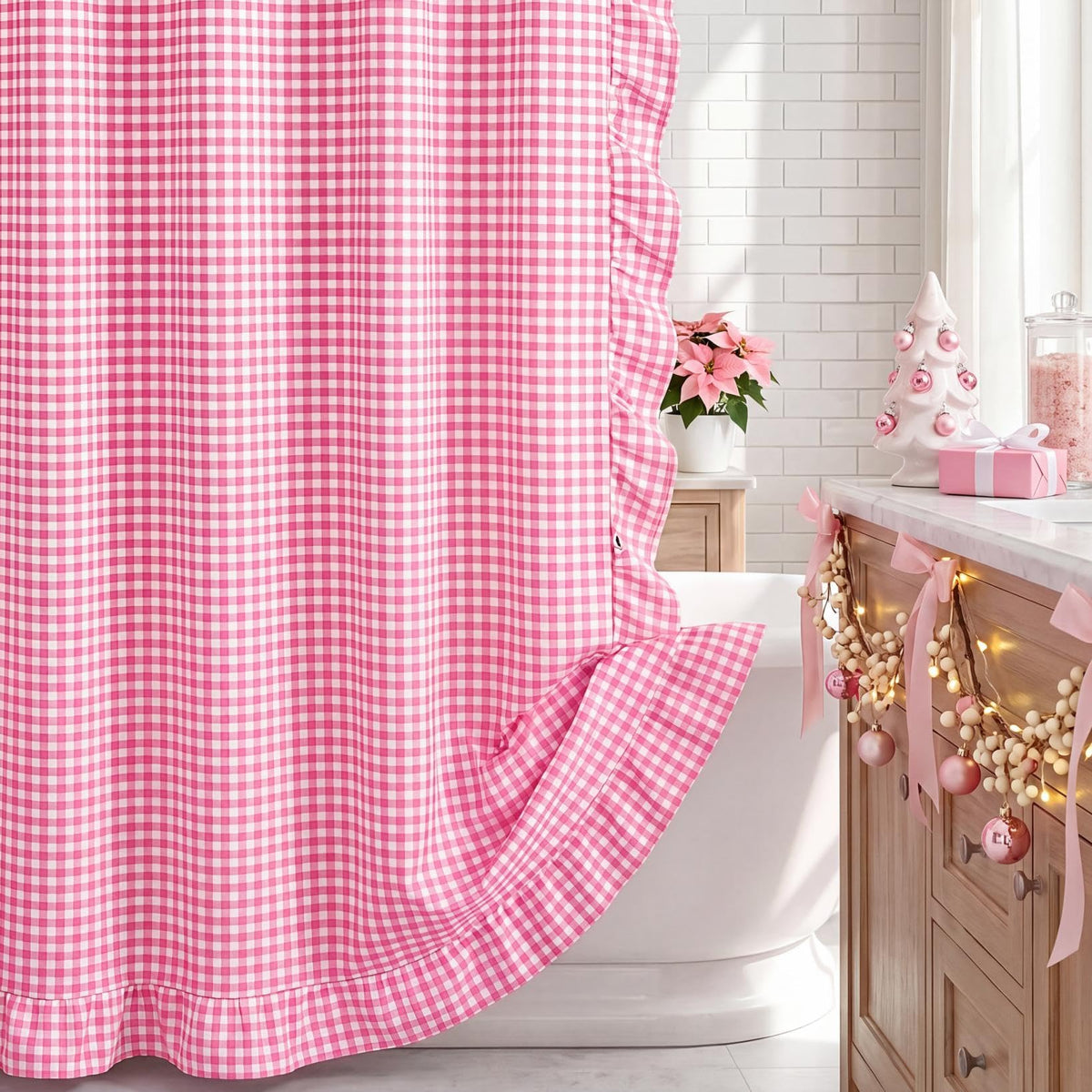 HunnmingRe Ruffle Hem Gingham Shower Curtain Sage Green