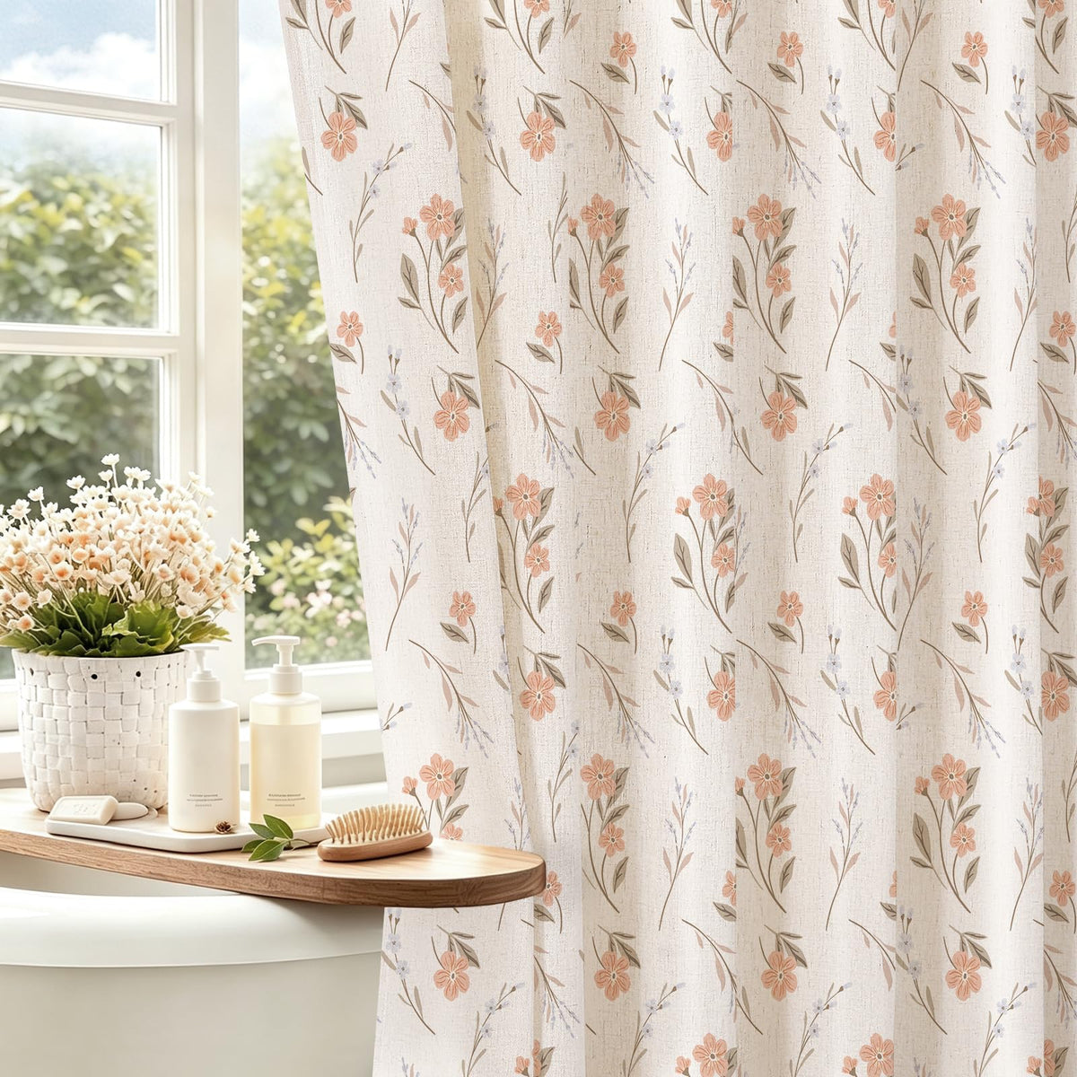 Blue Linen Farmhouse Shower Curtain, Vintage Boho Floral 72x72