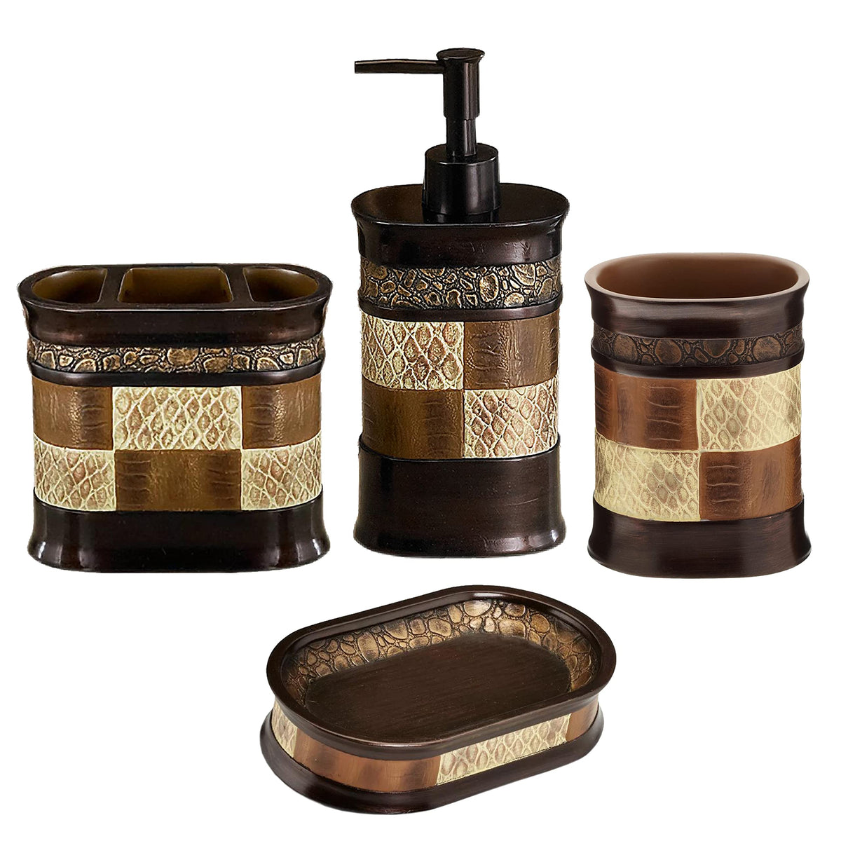 Zahari Home 4pc Modern Line Modern Bathroom Accessories Set Modern Soap Dispenser, Tumbler, Tooth Brush Holder and Dish Soap Holder Luxury Contemporary Grey Decor Unique Design Luxury Bath Set