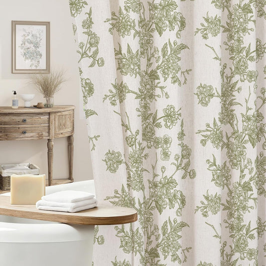 Sage Linen Farmhouse Shower Curtain, Vintage Boho Floral 72x72