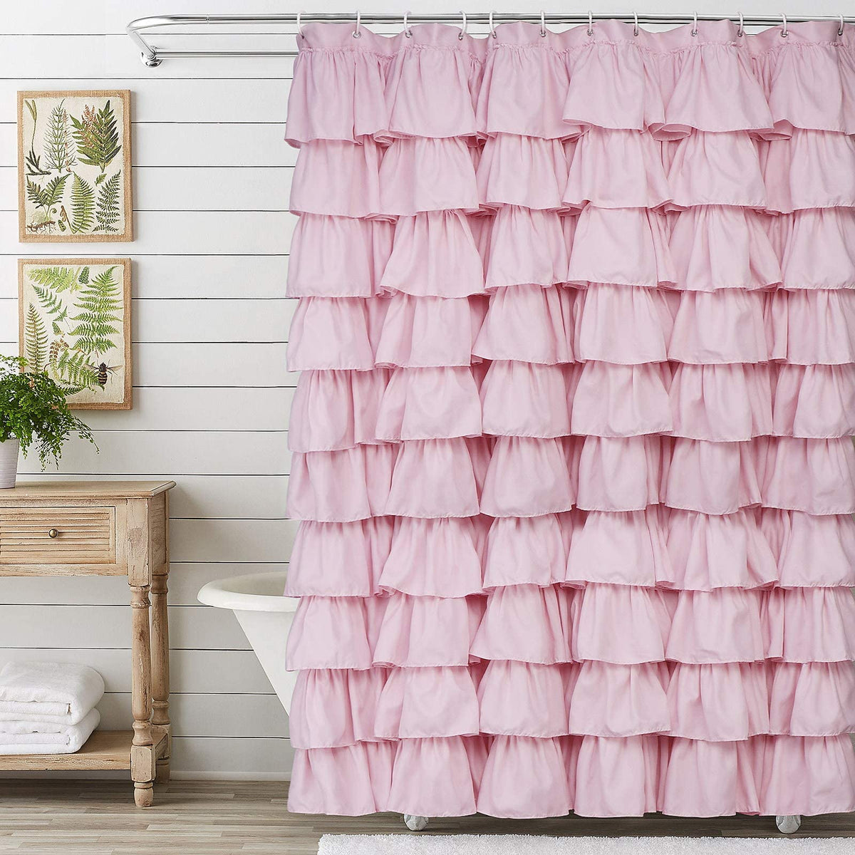 Volens White Shower Curtain Fabric Ruffle for Bathroom,72in Long