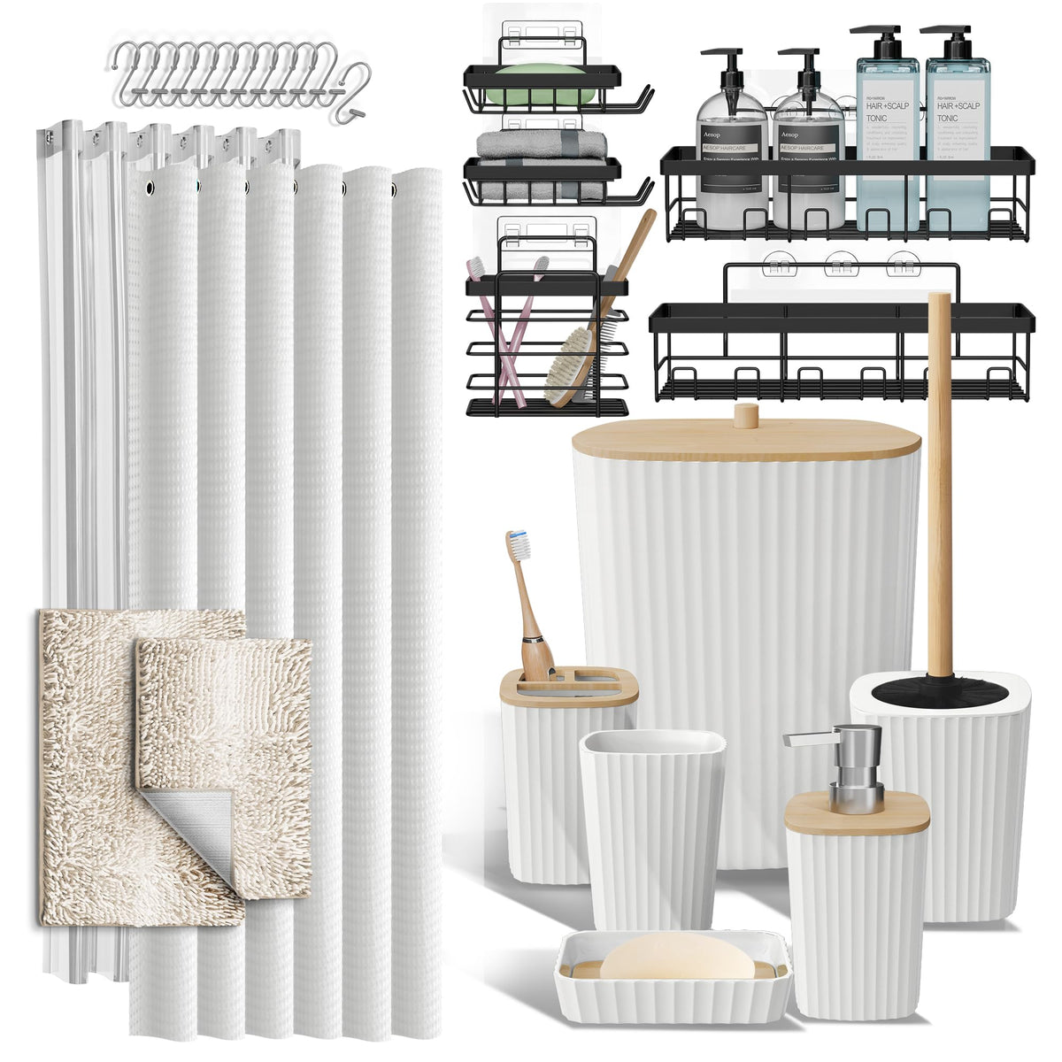 Clara Clark Black Bathroom Set, Shower Curtain Set, Bathroom Accessory Set