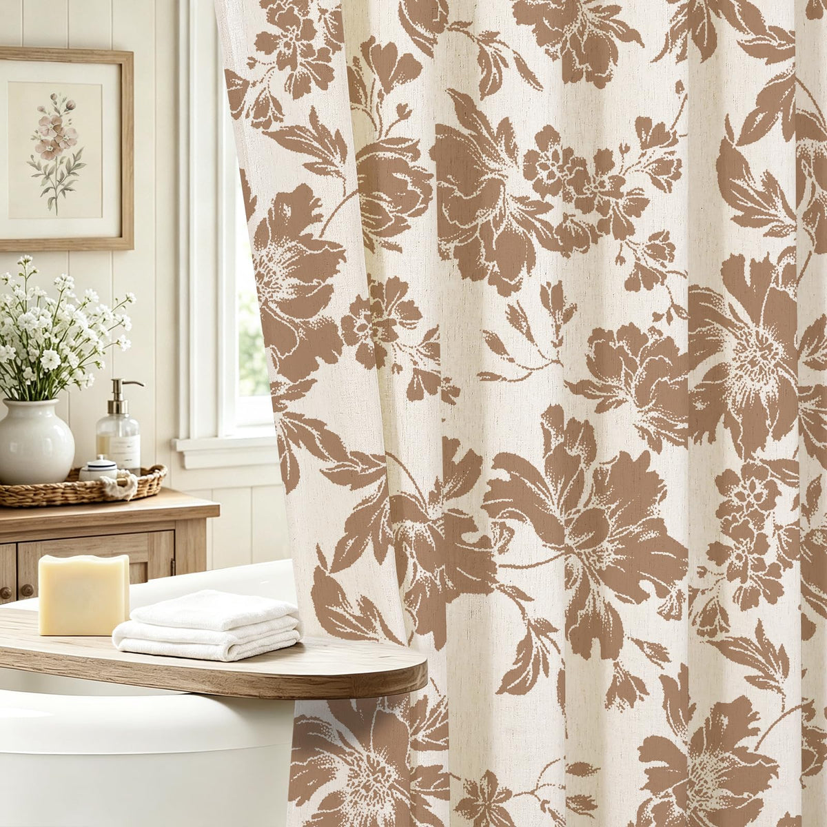 Sage Farmhouse Boho Botanical Floral Linen Shower Curtain, 72x72