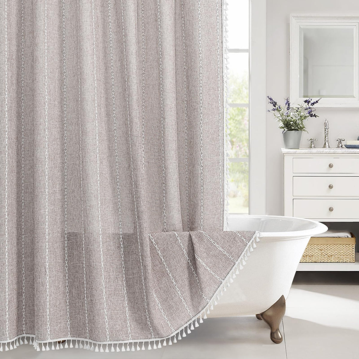 Boho Farmhouse Tassel Linen Shower Curtain,3D Embroidery Stripe Blue,72x72