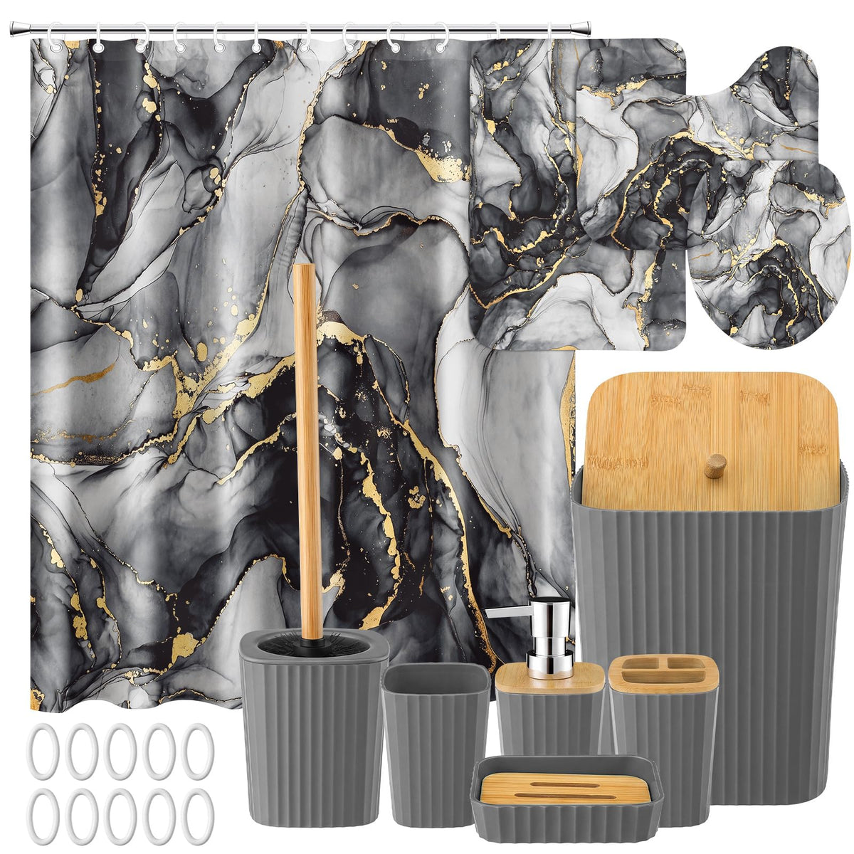 Patelai 10 Pcs Black and Gold Marble Bathroom Decor Set with Shower Curtain