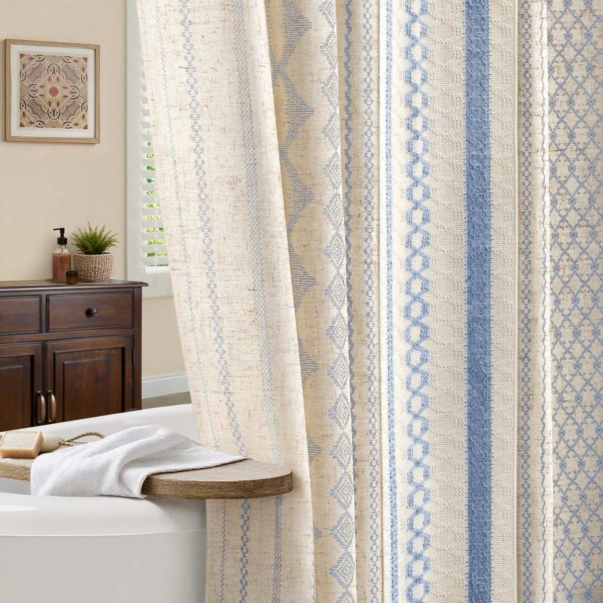 Natural Linen Boho Shower Curtain,72" W x 72" L