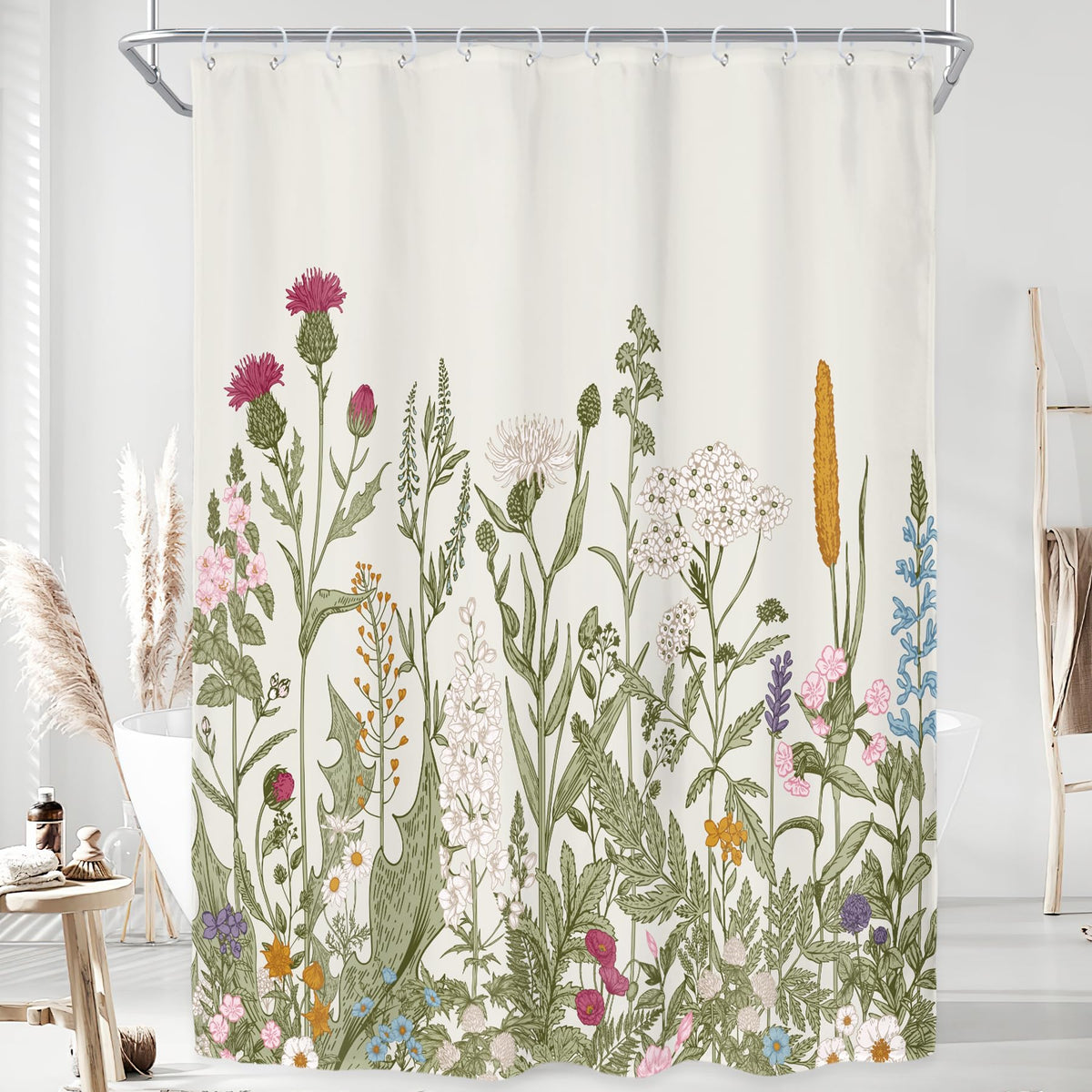 Sage Green Floral Wildflower Plant Herbs Nature Bathroom Shower Curtain Set