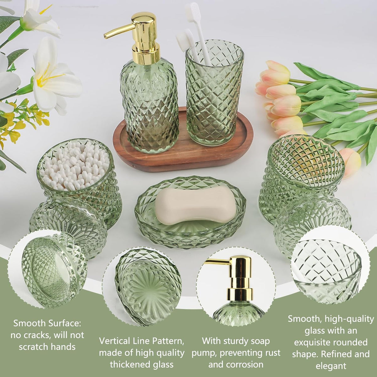 5Pcs Glass Bathroom Accessories Set,Green Vintage Bathroom Accessory Set